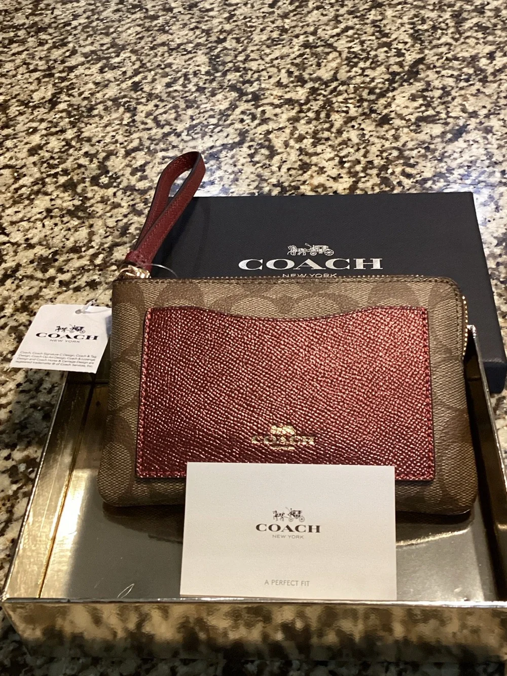 Coach Brown Signature Canvas Wristlet with Red Leather Pocket - Picture 1 of 4